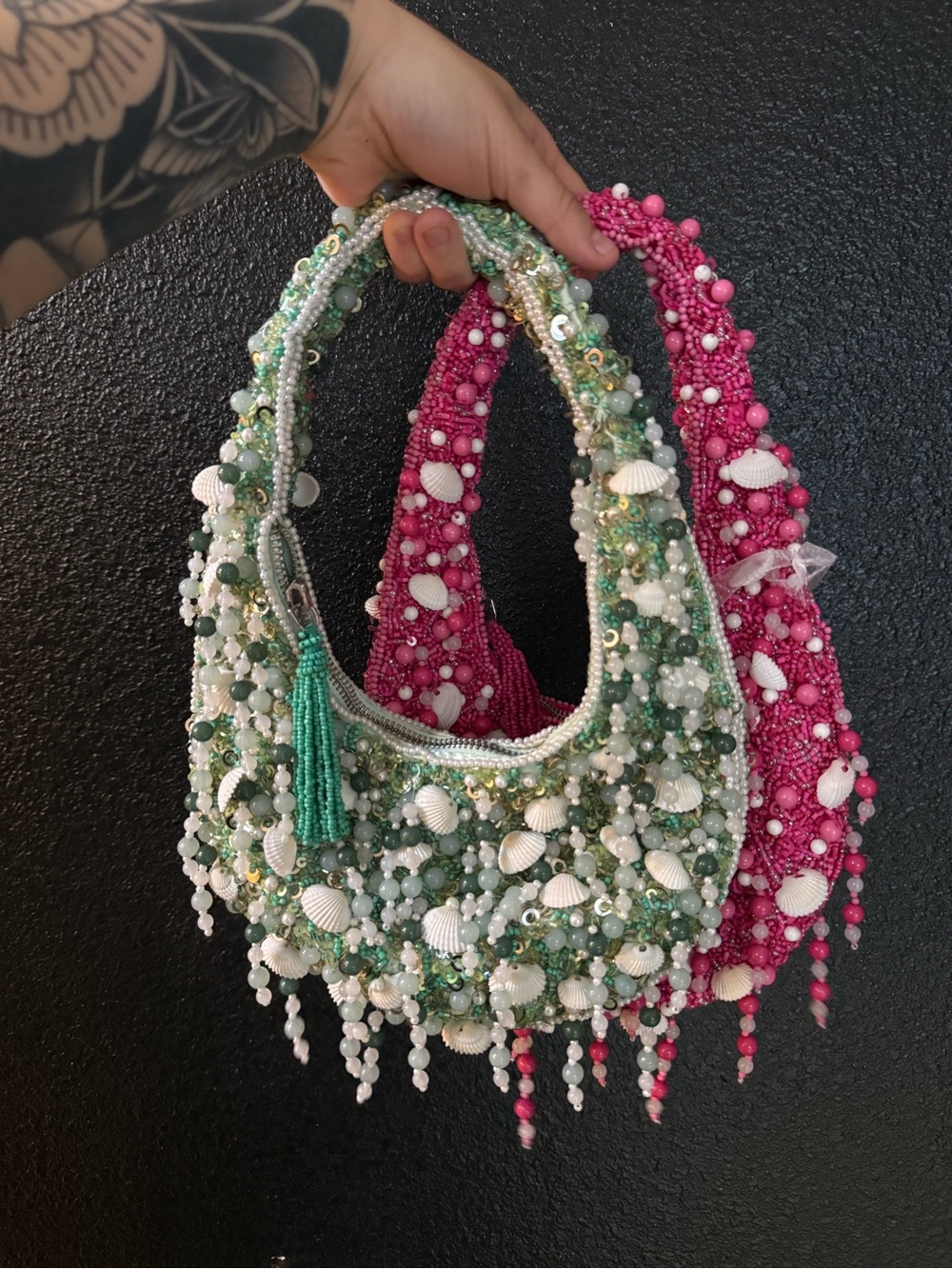 Beaded Seashell Shoulder Bag - Pink & Green